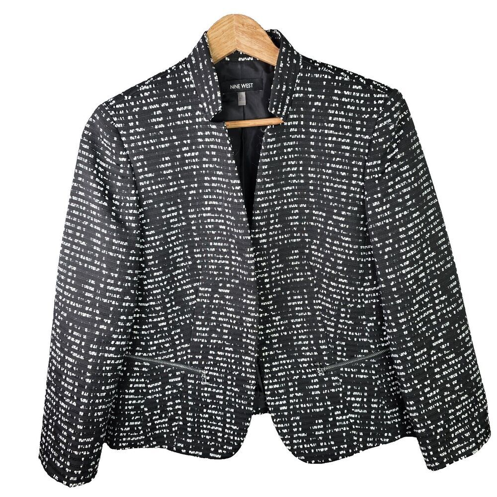 Nine West Blazer Jacket Women 8  Black White Open Jacquard  Zipper Pocket Career